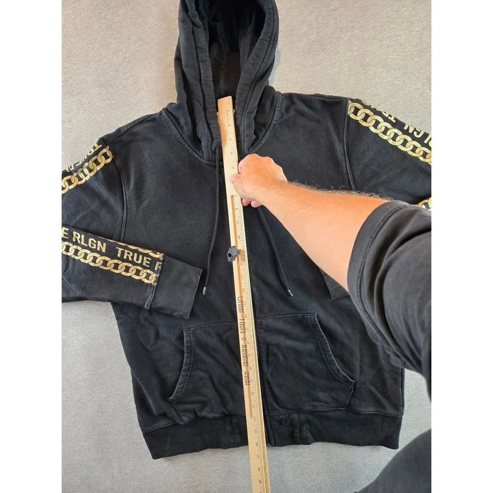 True Religion Zip Hoodie Mens XL Black Gold Chain Graphic Sleeve Logo Sweatshirt